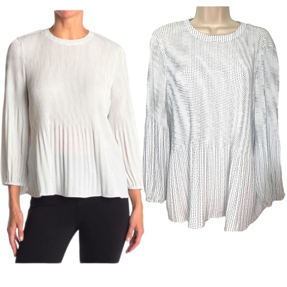 Adrianna, Papell sz  LG black and white polkadot, Georgette pleated‎ blouse - Picture 1 of 10